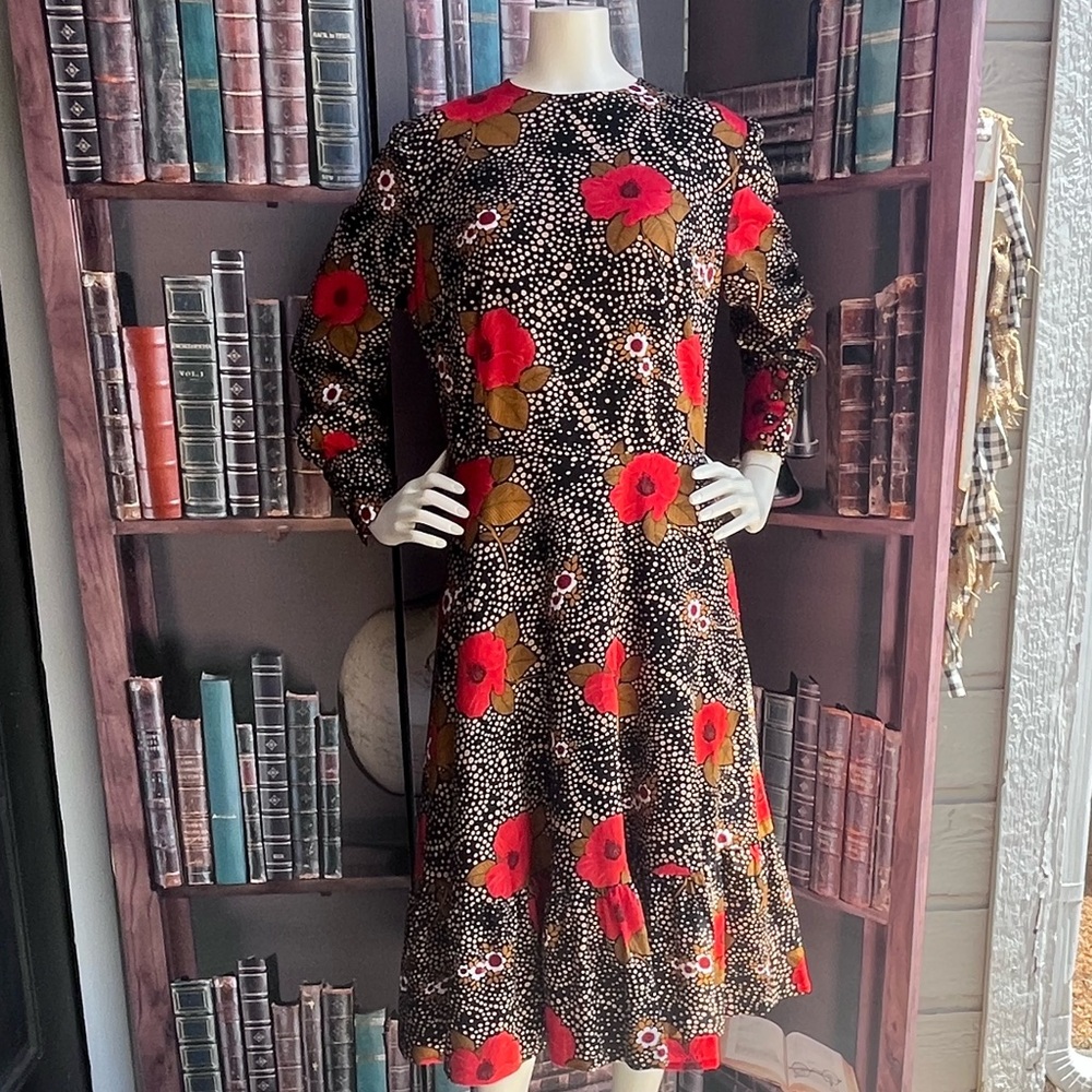 Vintage 1960’s Floral Whimsical Midi Dress in Black and Red/Orange